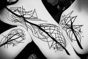 2 people laying with their backs on a tree's thunk, looking at the sky. tattoo idea