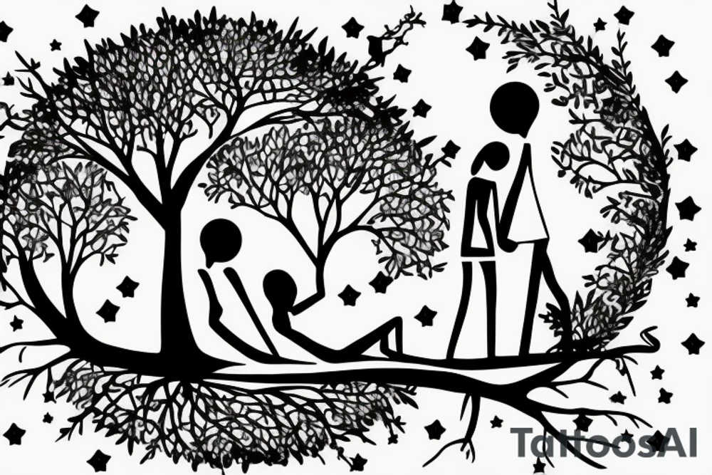 2 people laying with their backs on a tree's thunk, looking at the sky. tattoo idea