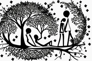 2 people laying with their backs on a tree's thunk, looking at the sky. tattoo idea
