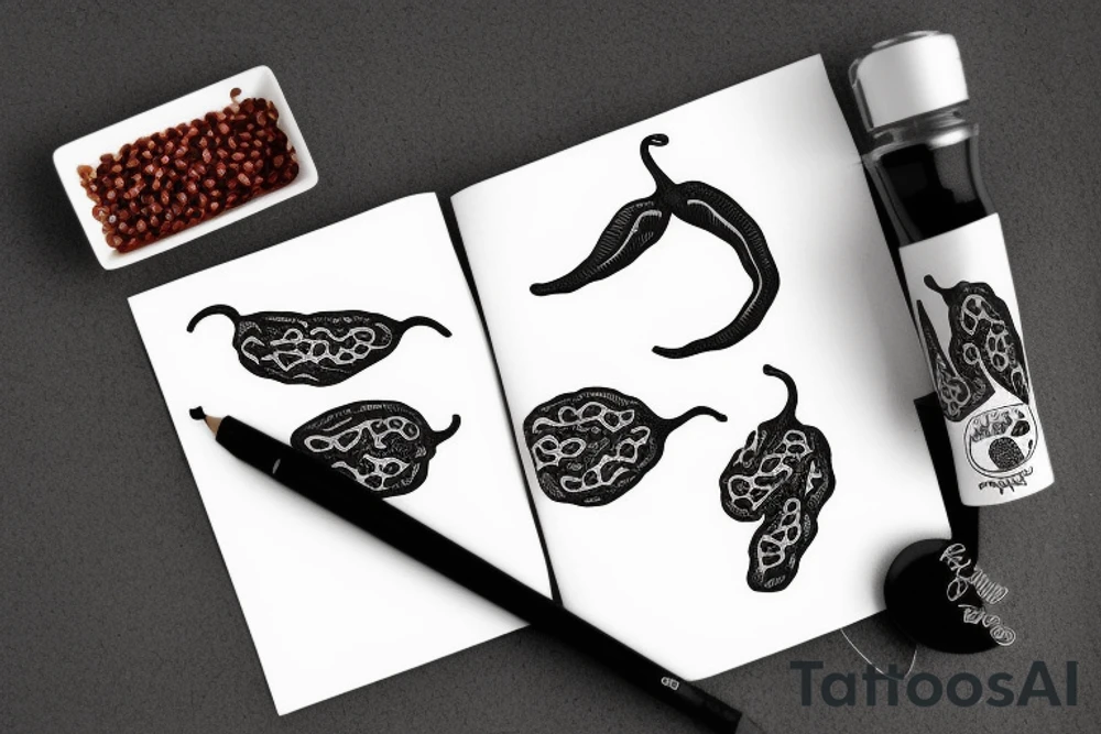 A fine line black bean that is holding a chilli tattoo idea A fine line black bean that is holding a chilli tattoo idea