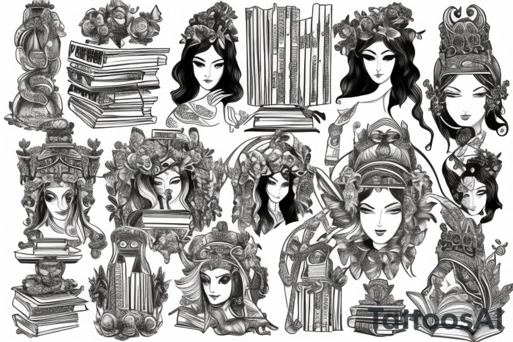 ancient library with two goddess tattoo idea