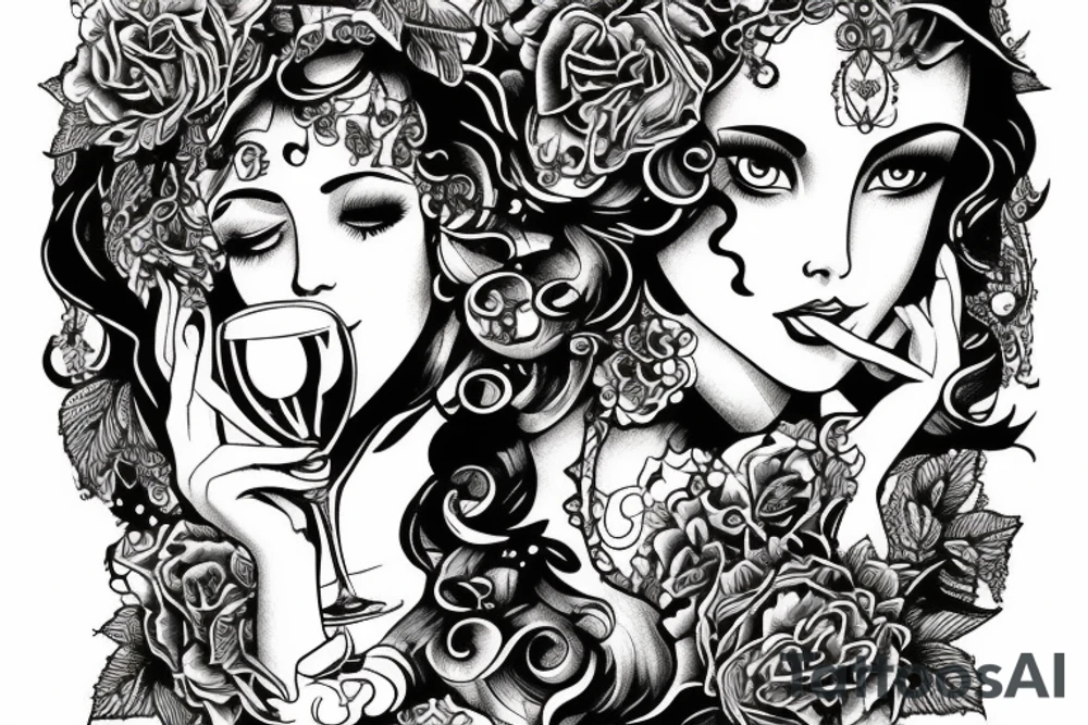 two goddess drinking wine tattoo idea