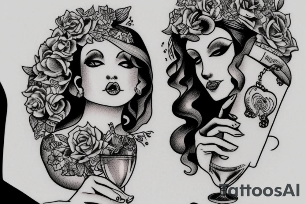 Two goddess drinking wine tattoo idea