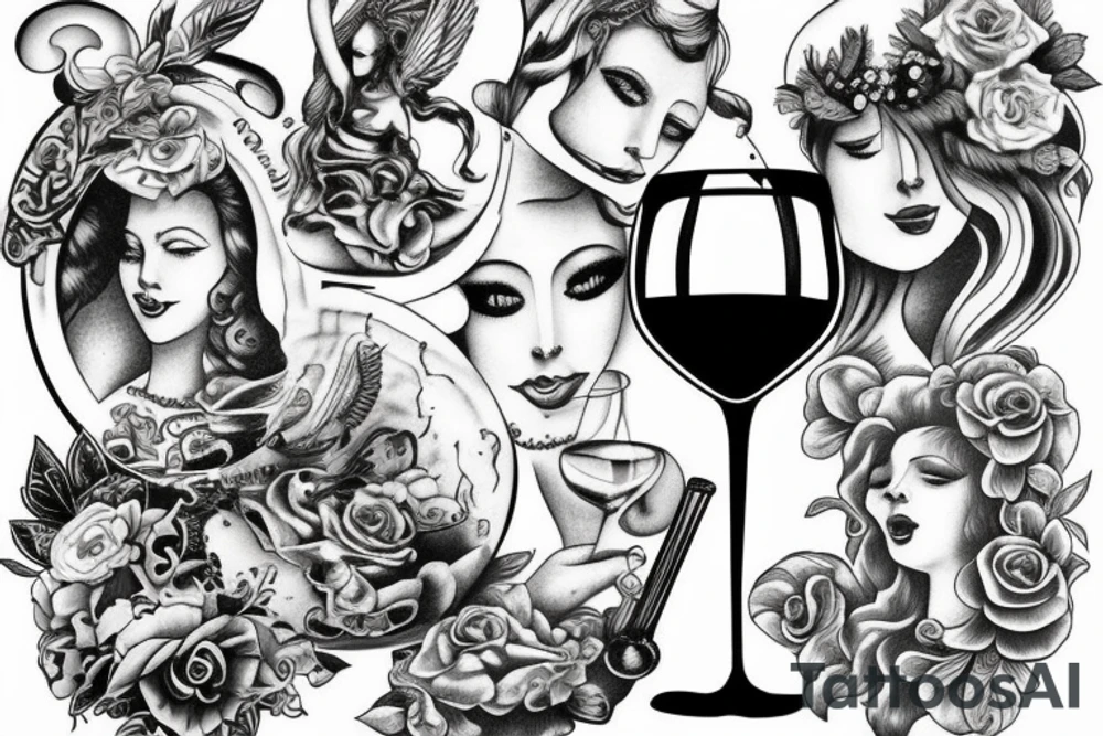 Two goddess drinking wine tattoo idea