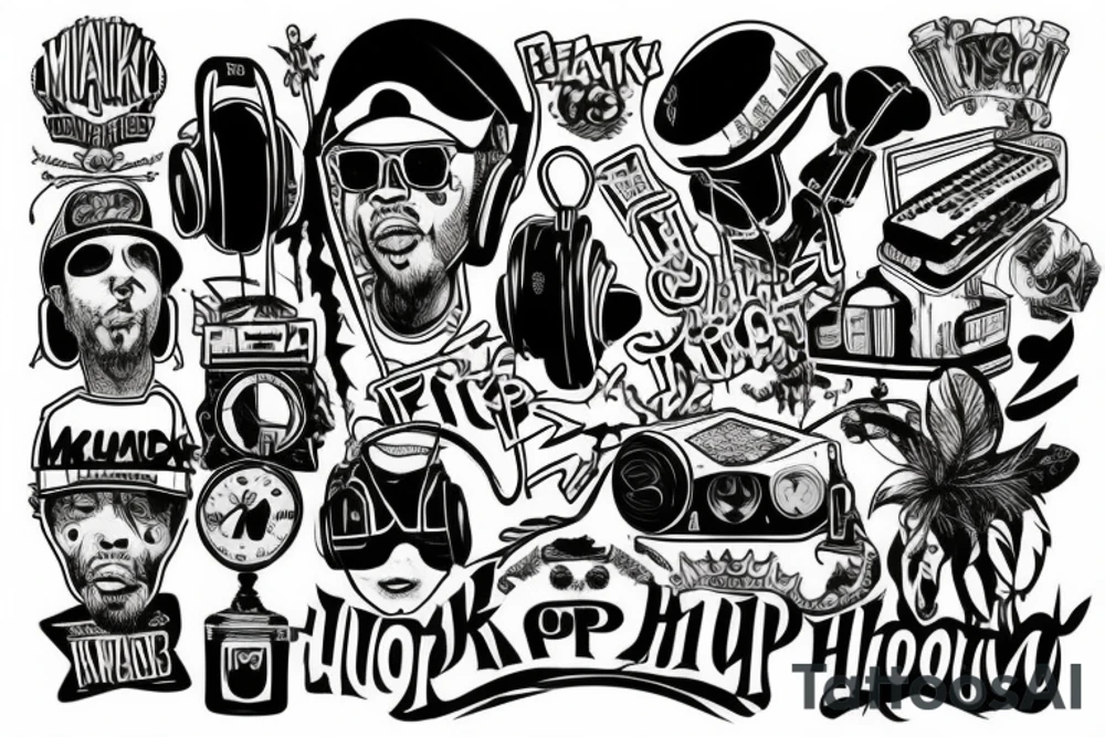 Muzyka hip hop rap, instrumenty, beat box tattoo idea
