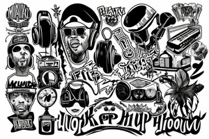 Muzyka hip hop rap, instrumenty, beat box tattoo idea