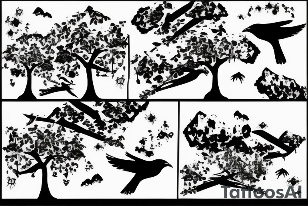 bird flying over a waterfall with trees next to it and the number 8 in the background tattoo idea