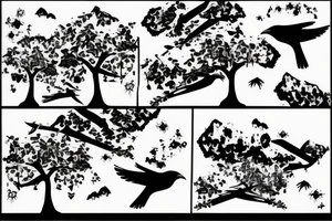 bird flying over a waterfall with trees next to it and the number 8 in the background tattoo idea