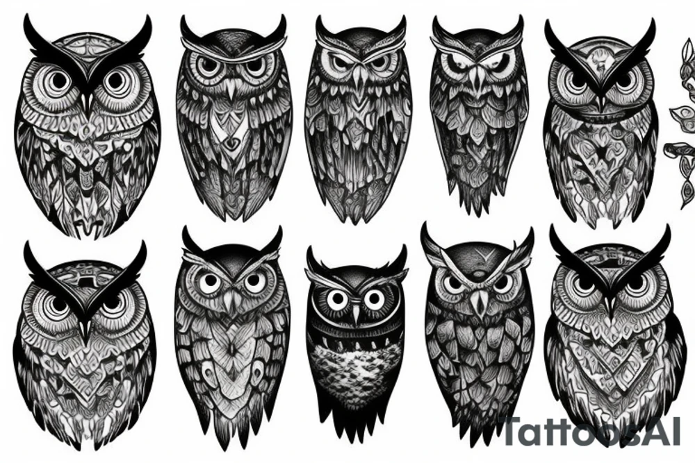 Owl over the mountain peaks tattoo idea