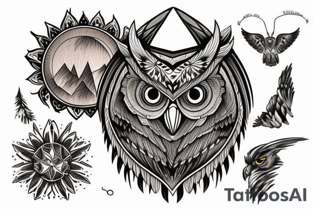Owl over the mountain peaks tattoo idea