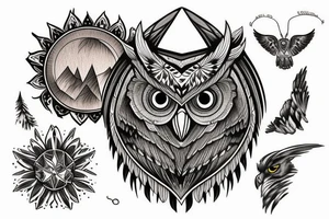 Owl over the mountain peaks tattoo idea