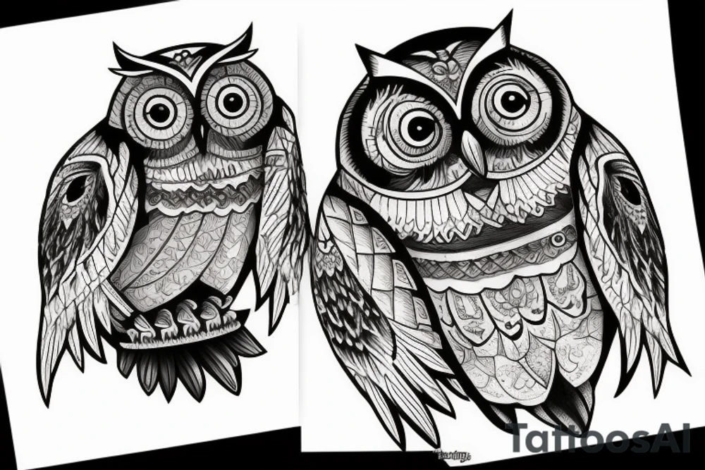 Owl over the mountain peaks tattoo idea