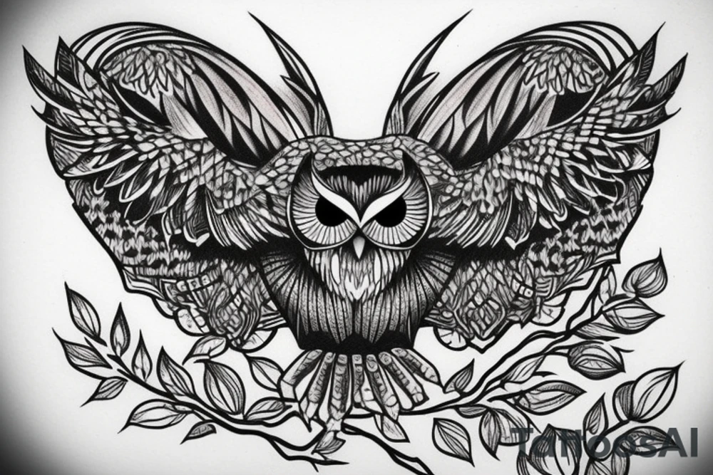 Owl over the mountain peaks tattoo idea