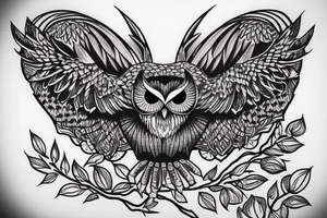 Owl over the mountain peaks tattoo idea