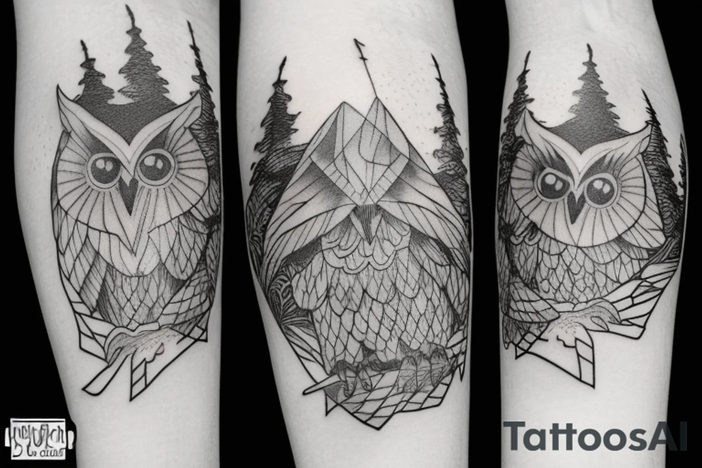 Owl over the mountain peaks tattoo idea