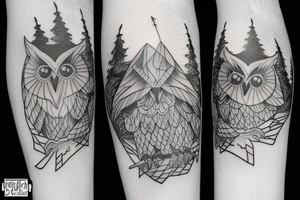Owl over the mountain peaks tattoo idea
