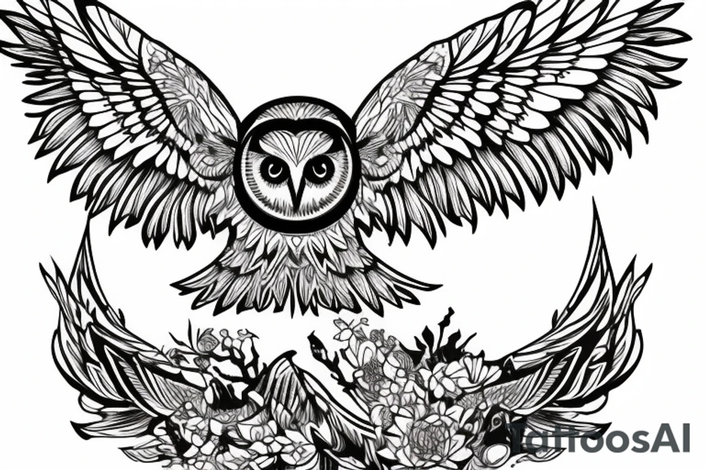 Owl over the mountain peaks tattoo idea