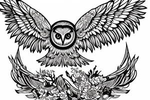 Owl over the mountain peaks tattoo idea