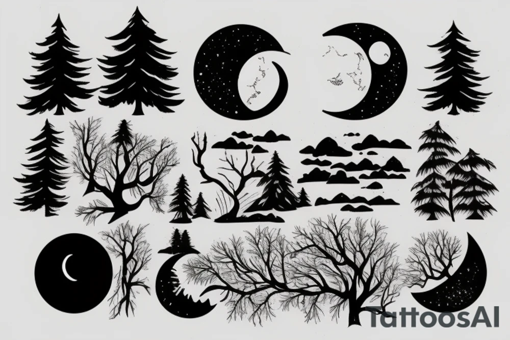 Forest with moon and river tattoo idea