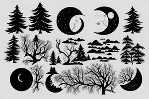 Forest with moon and river tattoo idea