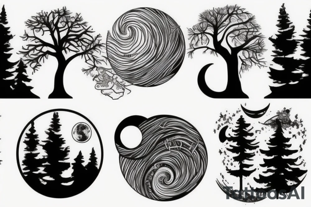 Forest with moon and river tattoo idea