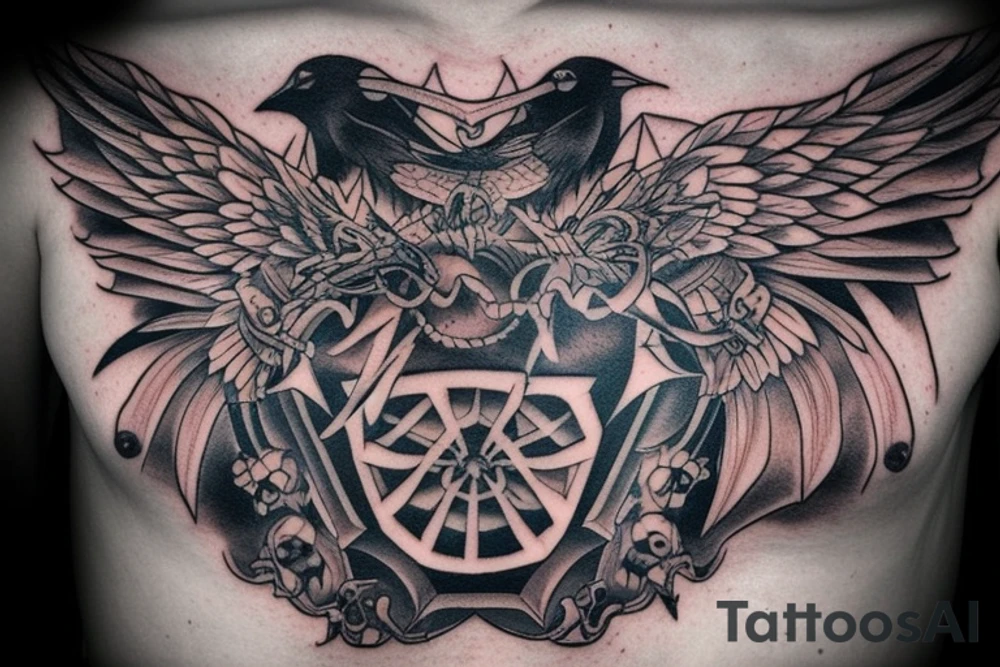 A dark chest tattoo with a demon placed centrally and symmetrically to it, two ravens and thunderbolts and fog around. tattoo idea