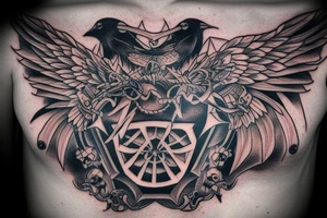 A dark chest tattoo with a demon placed centrally and symmetrically to it, two ravens and thunderbolts and fog around. tattoo idea