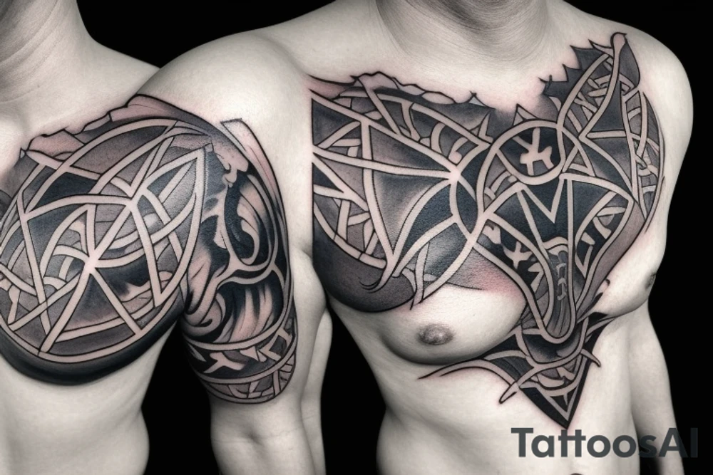 A dark chest tattoo with a demon placed centrally and symmetrically to it, two ravens and thunderbolts and fog around. tattoo idea