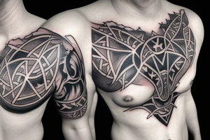 A dark chest tattoo with a demon placed centrally and symmetrically to it, two ravens and thunderbolts and fog around. tattoo idea