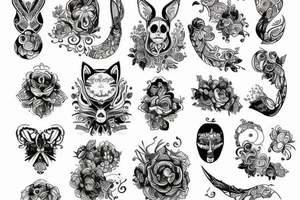 Czaszka barana z dwiema kartami tarota głupcem i śmiercią z liśćmi tattoo idea