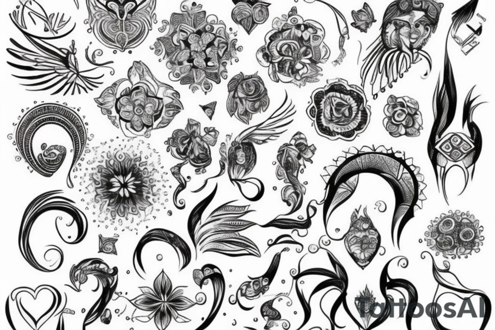 Czaszka barana z dwiema kartami tarota głupcem i śmiercią z liśćmi tattoo idea