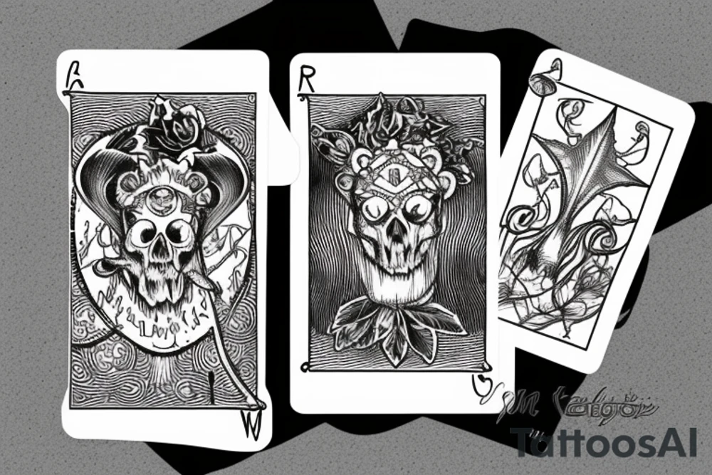 Ram skull with two tarot cards and leafs tattoo idea