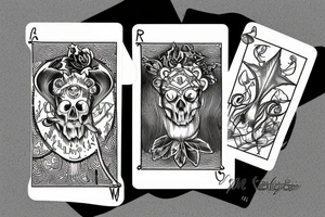 Ram skull with two tarot cards and leafs tattoo idea
