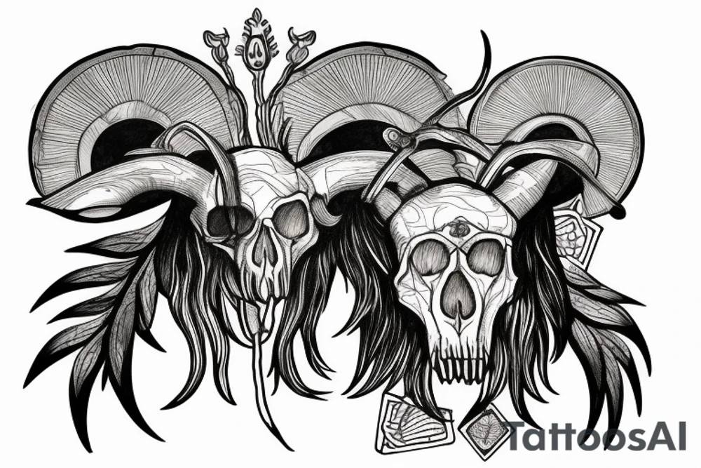 Ram skull with two tarot cards and leafs tattoo idea