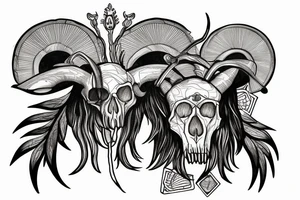 Ram skull with two tarot cards and leafs tattoo idea