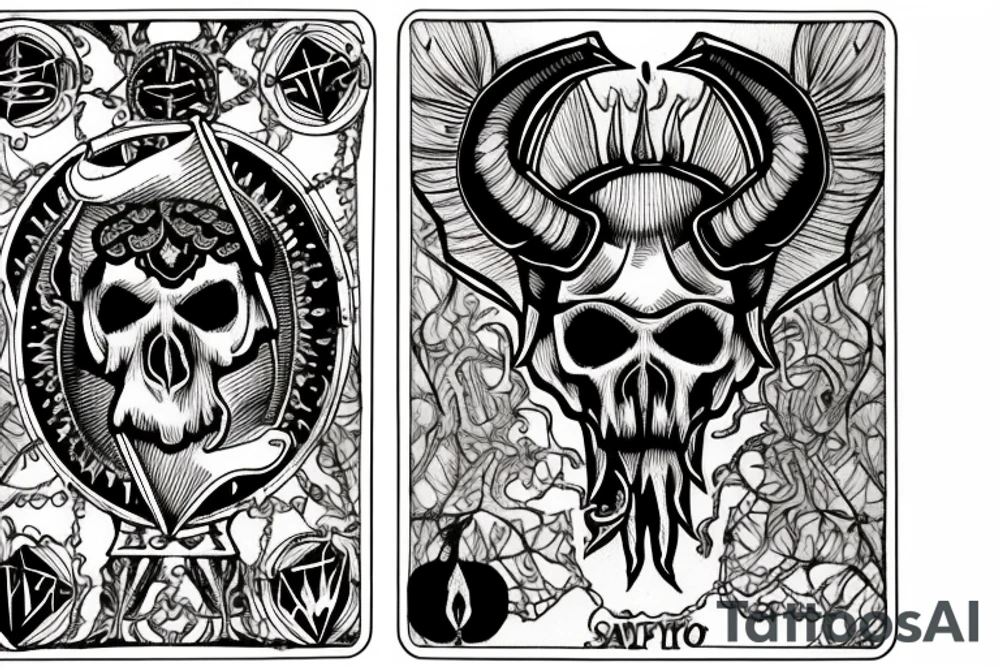 Ram skull with two tarot cards and leafs tattoo idea