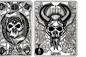 Ram skull with two tarot cards and leafs tattoo idea