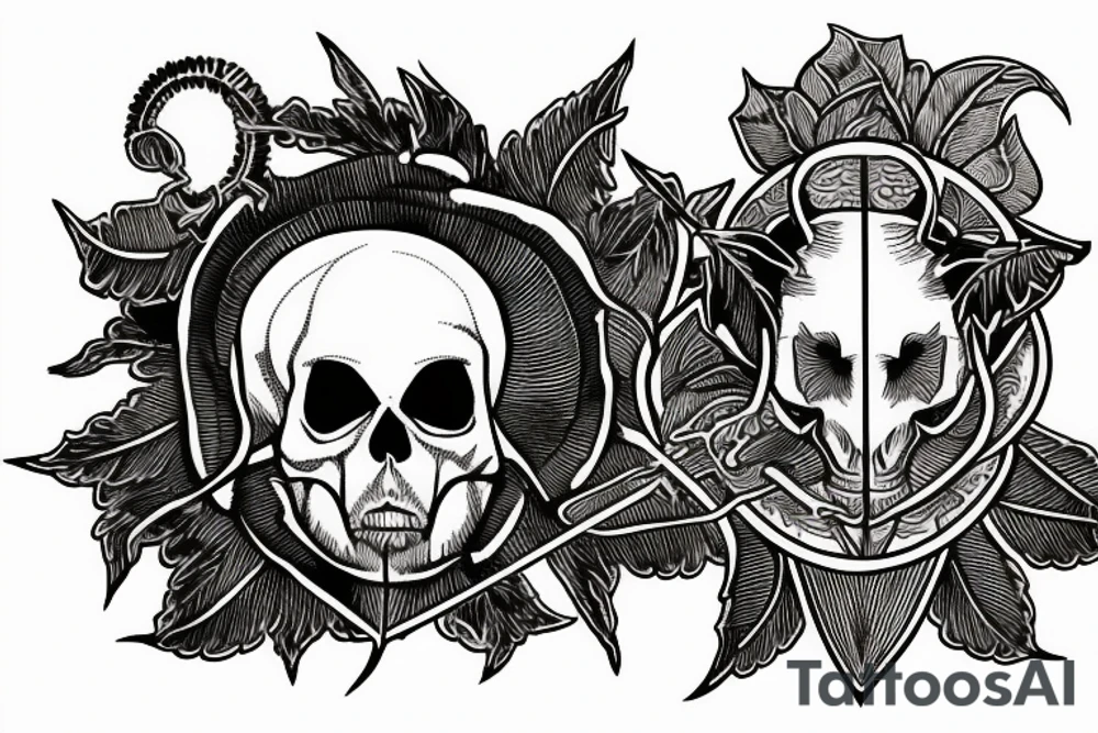 Ram skull with two tarot cards and leafs tattoo idea