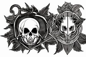 Ram skull with two tarot cards and leafs tattoo idea