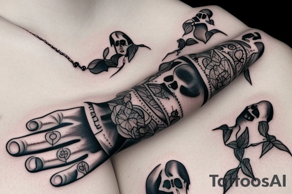 there was a black rosary plus hands tattoo idea