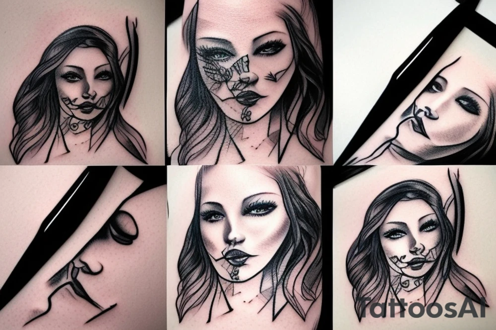 Woman face in knife tattoo idea