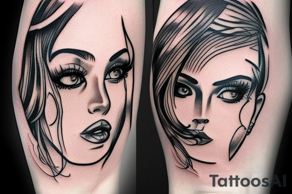 Girl face in knife tattoo idea