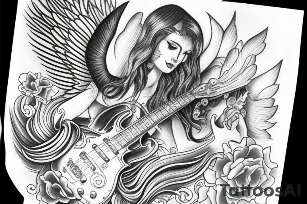 flying angel with les paul guitar tattoo idea