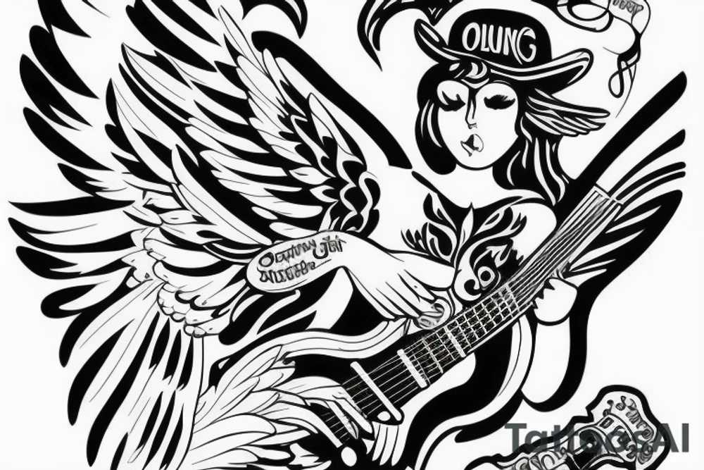 flying angel with les Paul guitar in olds school tattoo idea