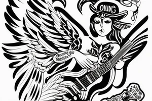 flying angel with les Paul guitar in olds school tattoo idea