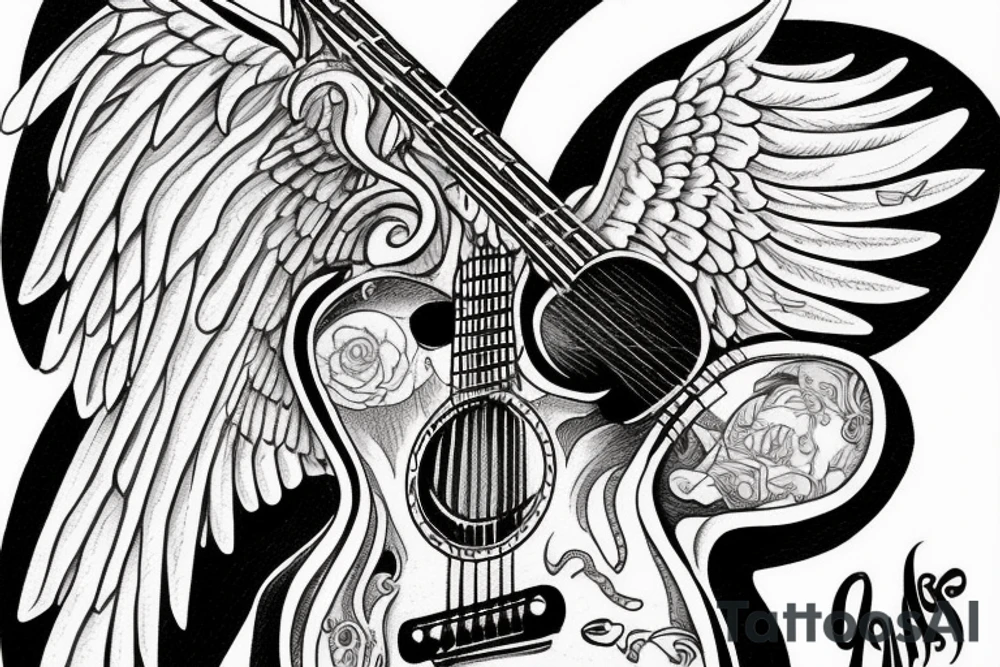 flying angel with les Paul guitar in olds school tattoo idea