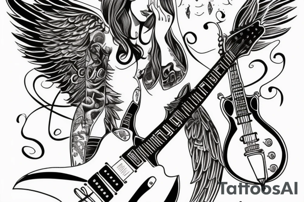 flying angel with les Paul guitar in olds school tattoo idea