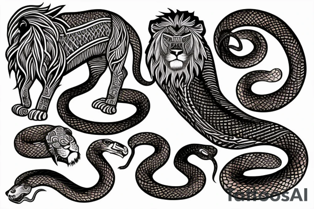 A head of lion next to a snake tattoo idea