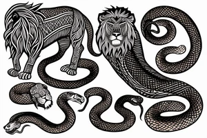 A head of lion next to a snake tattoo idea