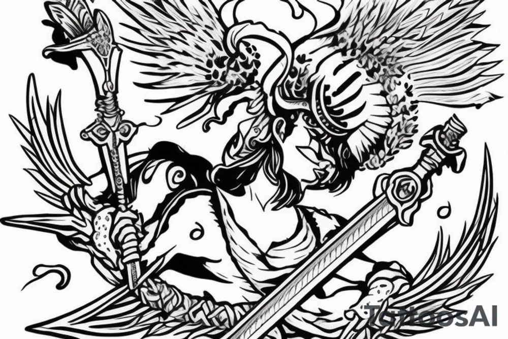 Warrior have a sword and fly on a cloud tattoo idea